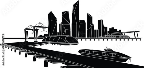 Industrial port city with modern skyscrapers, gantry cranes, futuristic train, and boat on waterway