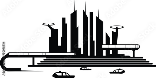Modern smart city skyline silhouette with flying vehicles and elevated monorail transit system