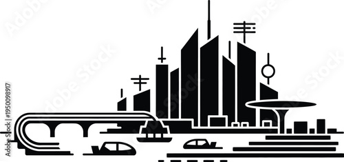 Stylized urban cityscape silhouette with bridge and futuristic passenger ferry on water surface