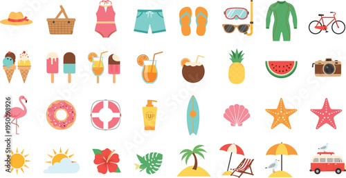 Summer vacation icons collection with beach accessories travel food sun tropical elements flat vector illustration set