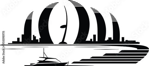 Symmetrical sail shaped architecture skyline with elegant yacht and tiered waterfront platform