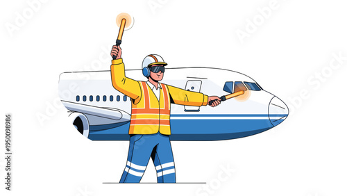 Air Traffic Guidance: A ground crew worker, adorned in safety gear, directs the airplane with illuminated wands, ensuring a safe and smooth arrival or departure.