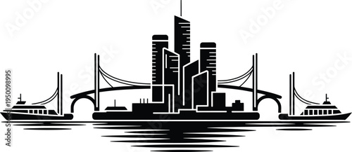 Symmetrical waterfront city skyline silhouette with suspension bridges and large luxury yachts