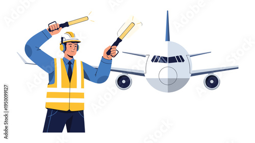 Guiding Flight: A professional airport ground worker, guiding a passenger aircraft with signal wands in a safe and efficient manner on the runway.