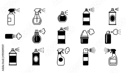 Spray bottle and aerosol mist icon set vector for perfume paint and water