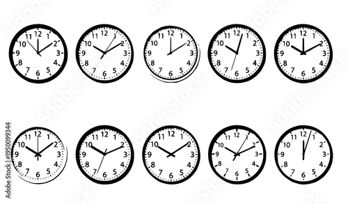 Realistic wall office clock face vector set with minimal black and white dials
