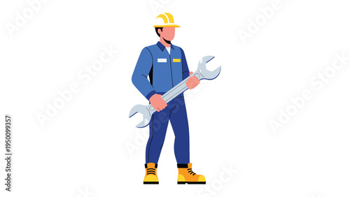 Handyman Holding a Wrench: A focused craftsman in a protective uniform and a yellow helmet confidently holds a large wrench, signifying skill and precision in the realm of industry.