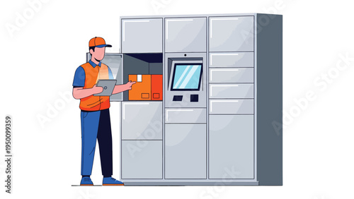Smart Locker Delivery: A delivery worker interacting with a modern smart locker, showcasing the convenience and efficiency of automated package handling.