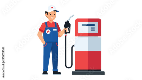 Fueling Up: A friendly attendant, poised and ready, stands beside a sleek fuel pump, poised to provide service and energy. The scene, clean and efficient, embodies the essential service.
