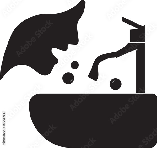 Woman leaning over bathroom sink washing face and drinking fresh water from faucet during morning hygiene routine