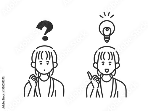 クエスチョンマークと閃くビジネスウーマンのイラスト素材セット　線画のみ