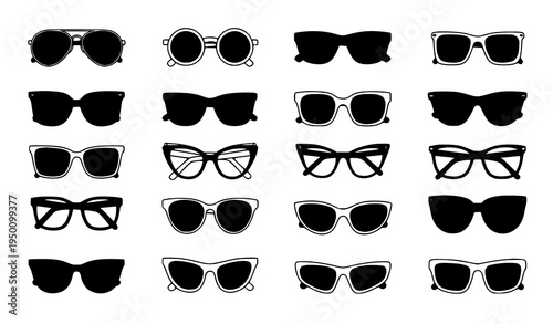 Sunglasses icons vector collection with aviator round and fashion eyewear styles