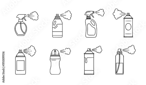 Spray aerosol icon vector set with water perfume paint and deodorant mist