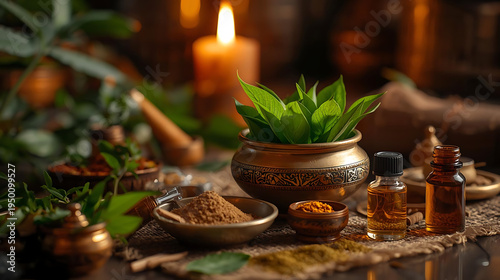 Wallpaper Mural Herbal remedies and natural oils in traditional setting with candlelight Torontodigital.ca