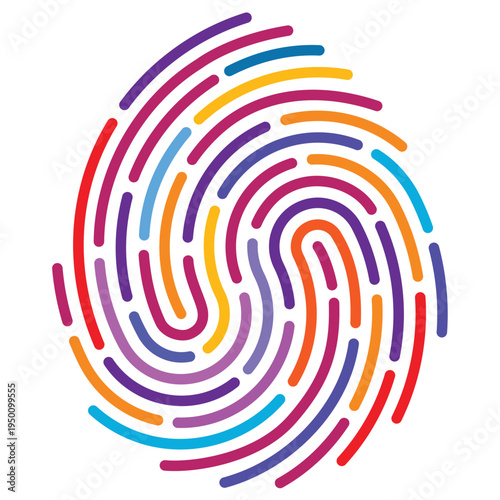 Colorful fingerprint icon in modern line style. Vector illustration of biometric identity symbol made of vibrant curved lines. Digital security and identification concept, flat design.