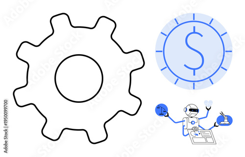 Automation, financial technology, AI systems, machine learning, robotics, process optimization. A gear shape, dollar icon and robot progress. Automation and financial technology concept