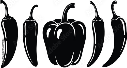 Chili pepper and bell pepper silhouettes set, spicy vegetable food ingredient cooking icon vector illustration collection isolated