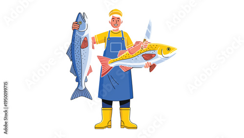 Fishmonger's Bounty: A fishmonger proudly displays a selection of fresh fish, showcasing the vibrant colors and textures of the sea's finest offerings.