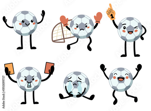 Funny soccer ball characters set with different emotions and actions. Cute mascot collection for world football championship 2026. Vector illustration of sports balls as referee, winner, and player.