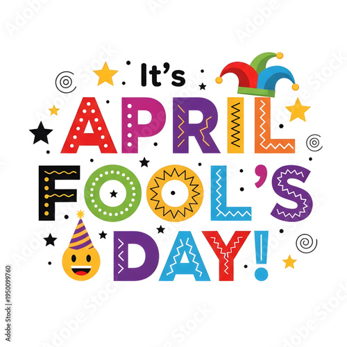 Colorful april fool's day celebration text with jester hat and smiling face
