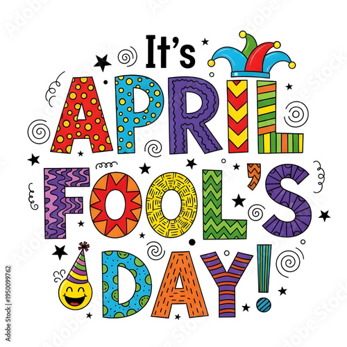 Colorful april fool's day greeting with jester hat and smiley face on white background