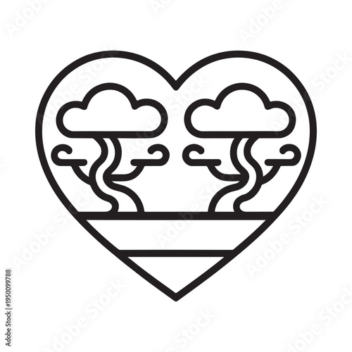 A black and white line drawing depicts a heart shape containing clouds and rolling hills below