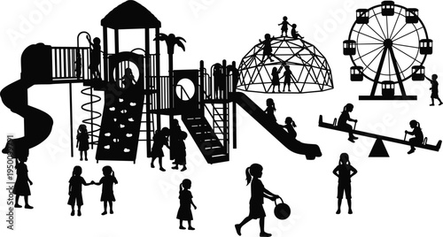Children playground silhouettes with slides climbing frame ferris wheel seesaw kids playing park activity fun vector illustration set