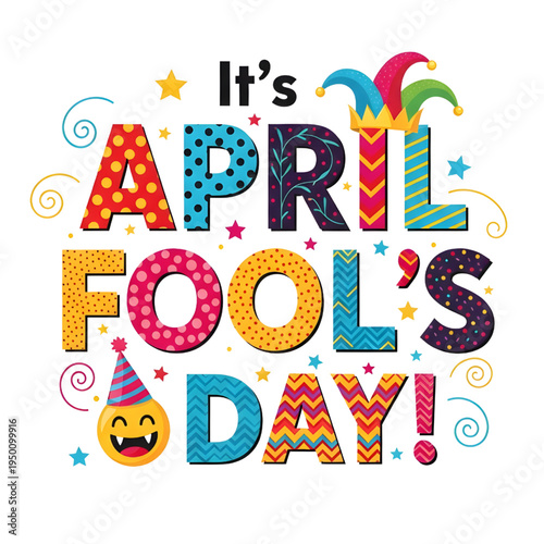 Colorful april fool's day graphic with jester hat and smiley face on white background