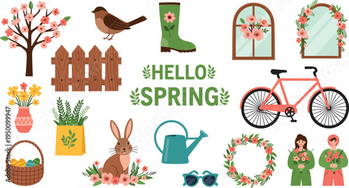Hello Spring seasonal elements vector collection with flowers, bicycle, bird, wreath, gardening tools and blooming nature decorations illustration