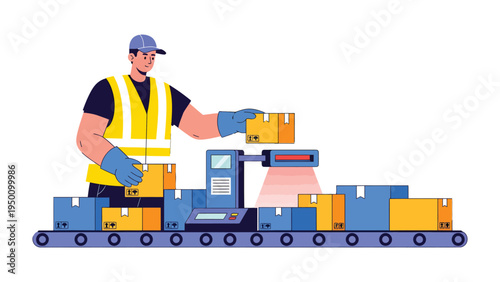 Logistics Workflow: A warehouse worker meticulously manages package flow on a conveyor belt, meticulously scanning them for efficient sorting and distribution. 