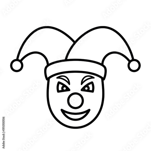 Angry jester's face with a mischievous grin and a jester hat on a white background