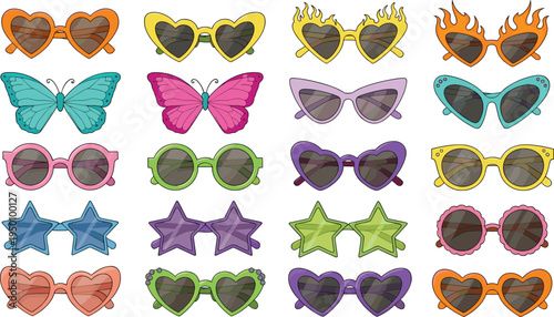 Colorful sunglasses collection vector set with heart, star and retro frames, trendy fashion eyewear icons for summer style design