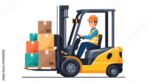 Forklift Operator at Work: A skilled forklift operator expertly maneuvers his machine, carefully transporting a pallet of stacked cardboard boxes.