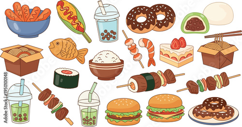 Street food and snack collection vector set with burgers, donuts, sushi, noodles, bubble tea, skewers and desserts illustration