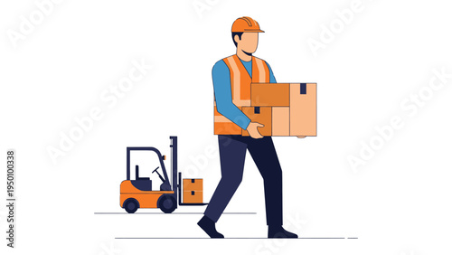 Logistics Maestro: An illustration depicting a warehouse worker carrying boxes, a forklift in the background, symbolizing efficiency in logistics and delivery.
