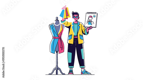 Fashion Designer's Vision: A creative fashion designer, sketches in hand, stands confidently beside a dress form and shopping bag, embodying artistic expression and style.