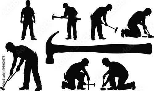 Carpenter workers silhouettes collection, handyman using hammer and nail tools, construction repair labor set, woodworking and building maintenance vector illustration