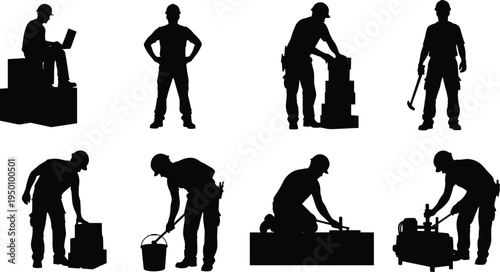 Construction worker silhouettes set, builder working poses, industrial labor people collection, handyman tools activity, construction industry vector illustration isolated