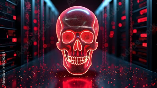 Glowing Red Holographic Cyber Skull Ransomware Attack Concept