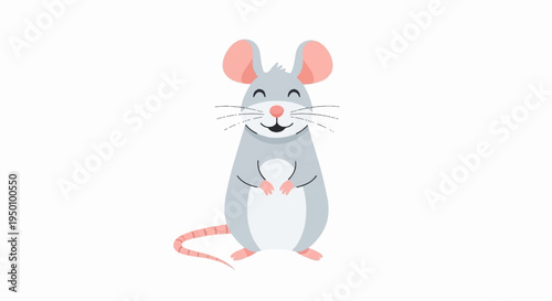 Cute gray cartoon mouse with pink ears and tail standing on hind legs looking happy and friendly on white background