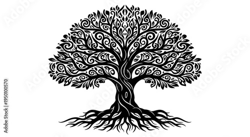 Intricate tree silhouette with swirling branches and roots on white background