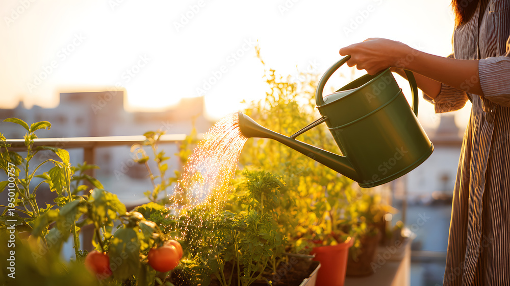 Obraz premium Back view shoulders arms watering rooftop garden with watering can at golden hour nurturing tomato plant and herbs
