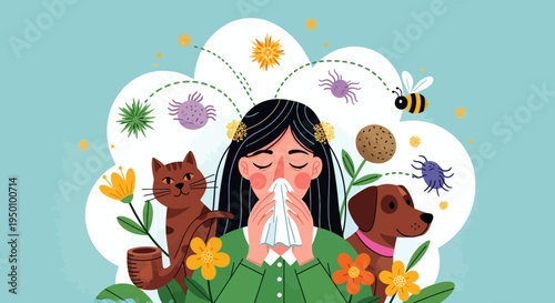 A woman sneezing due to allergies from flowers pets and pollen