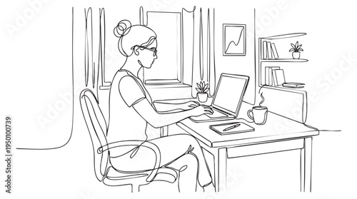 Minimalist line drawing shows a woman wearing glasses and her hair in a bun, typing on a laptop at a desk with a mug and notebook.