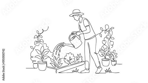 A minimalist single line drawing depicts a gardener with a hat watering potted plants in a garden setting, conveying growth and care.