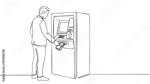 A minimalist line drawing shows a man in a suit jacket withdrawing cash from an ATM machine, representing financial transactions and modern banking.