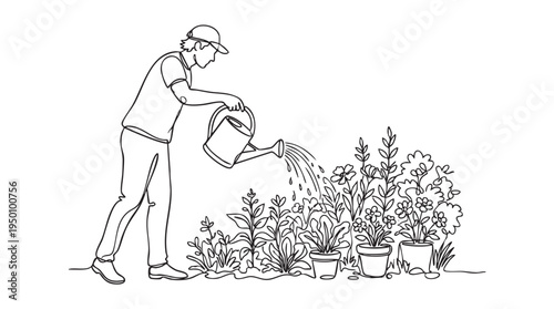 A simple line drawing shows a person in a cap watering a variety of potted plants and garden foliage, suggesting a peaceful gardening activity.