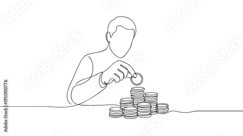 A minimalist line drawing depicts a person carefully stacking coins, symbolizing financial growth, saving, and investment with a clean, modern aesthetic.