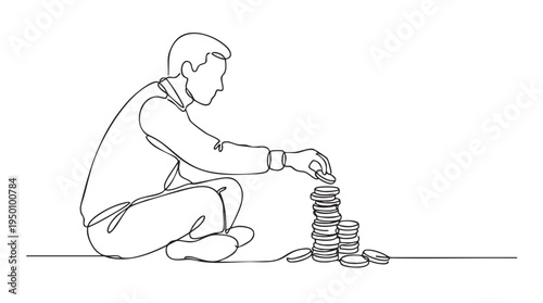 A minimalist line drawing depicts a man sitting and carefully stacking coins, symbolizing financial growth, savings, or financial planning with a clean, modern aesthetic.
