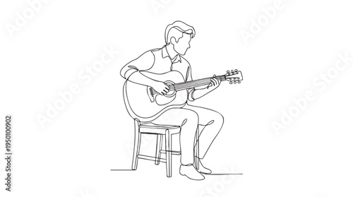Minimalist line art depicts a man sitting on a stool playing an acoustic guitar, exuding a sense of calm and creativity.